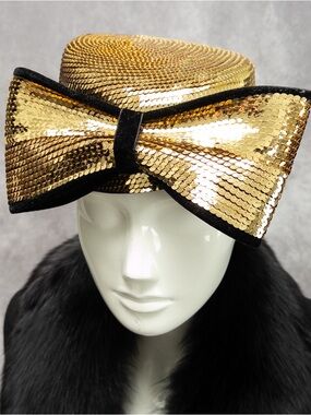 Vintage Caché Gold Sequined Pillbox Hat with Large Bow